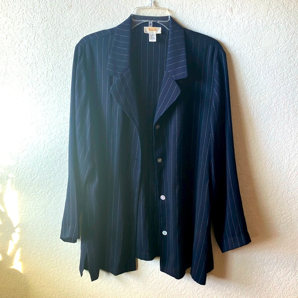 Talbots Navy w. White Stripes Polyester Button Down Shirt Blaser